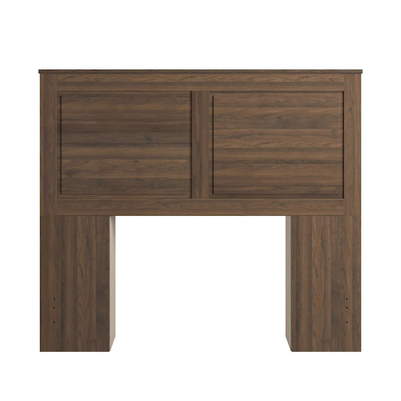 Tête de lit de rangement pleine grandeur avec 6 étagères réglables, finition noyer, design à panneaux classiques