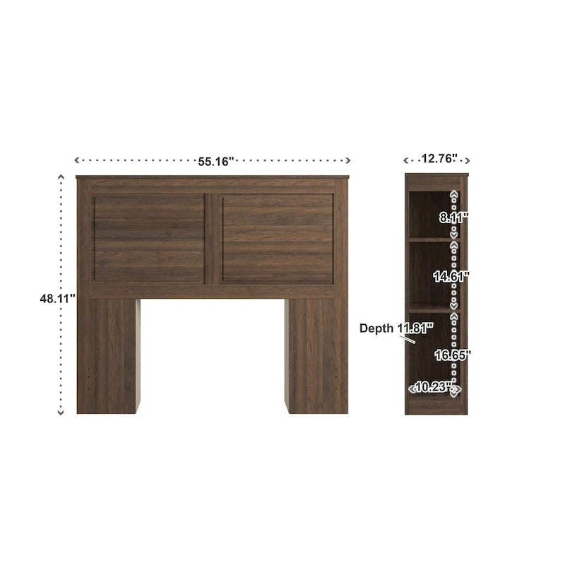 Tête de lit de rangement pleine grandeur avec 6 étagères réglables, finition noyer, design à panneaux classiques