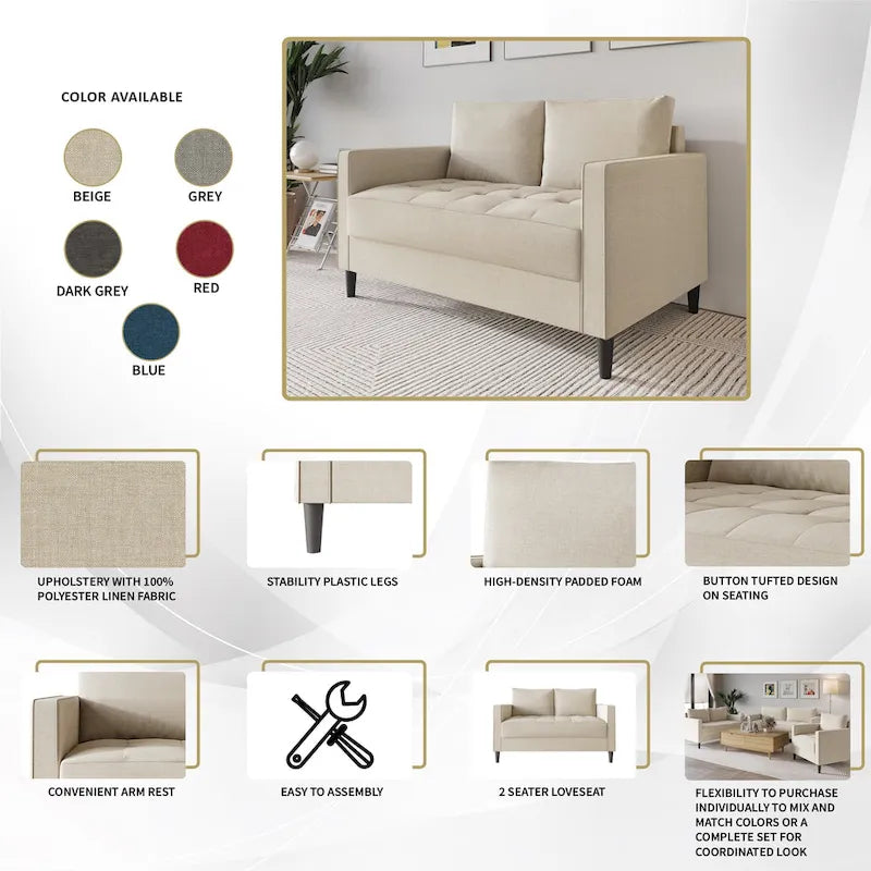Causeuse minimaliste contemporaine en lin, 137 cm de large, mousse haute densité, coussins amovibles, garantie de 90 jours