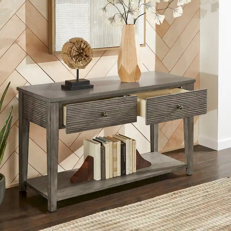 Table basse en fibrociment gris, finition gris vintage, avec étagères