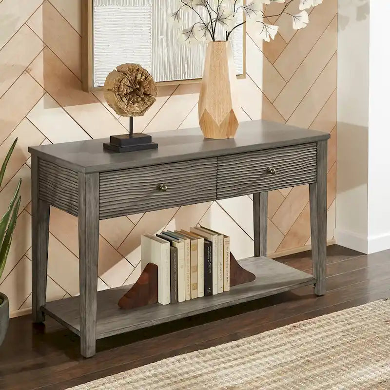 Table basse en fibrociment gris, finition gris vintage, avec étagères