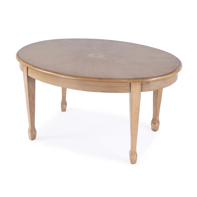 Table basse ovale 38" L, placage d'érable marqueté plissé, bois de peuplier, assemblage tenon-mortaise