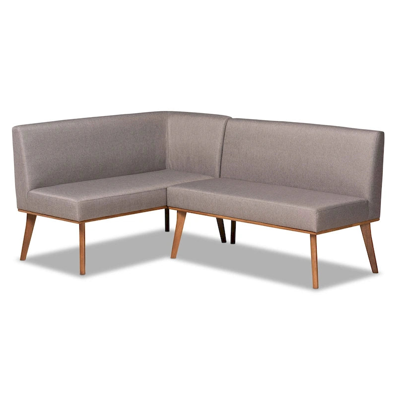Ensemble banquette de coin salle à manger 2 pièces en L, polyester gris, pieds noyer, banc d'angle et sans accoudoirs