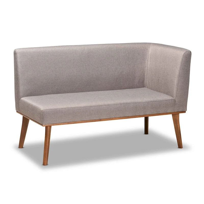 Ensemble banquette de coin salle à manger 2 pièces en L, polyester gris, pieds noyer, banc d'angle et sans accoudoirs