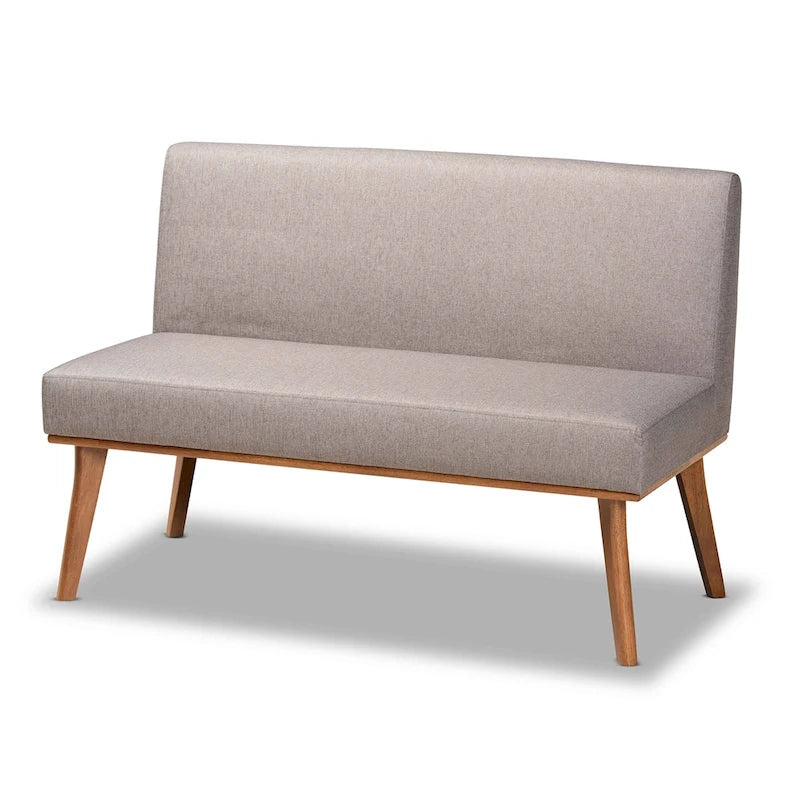 Ensemble banquette de coin salle à manger 2 pièces en L, polyester gris, pieds noyer, banc d'angle et sans accoudoirs