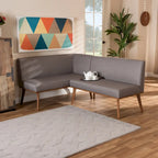 Ensemble banquette de coin salle à manger 2 pièces en L, polyester gris, pieds noyer, banc d'angle et sans accoudoirs