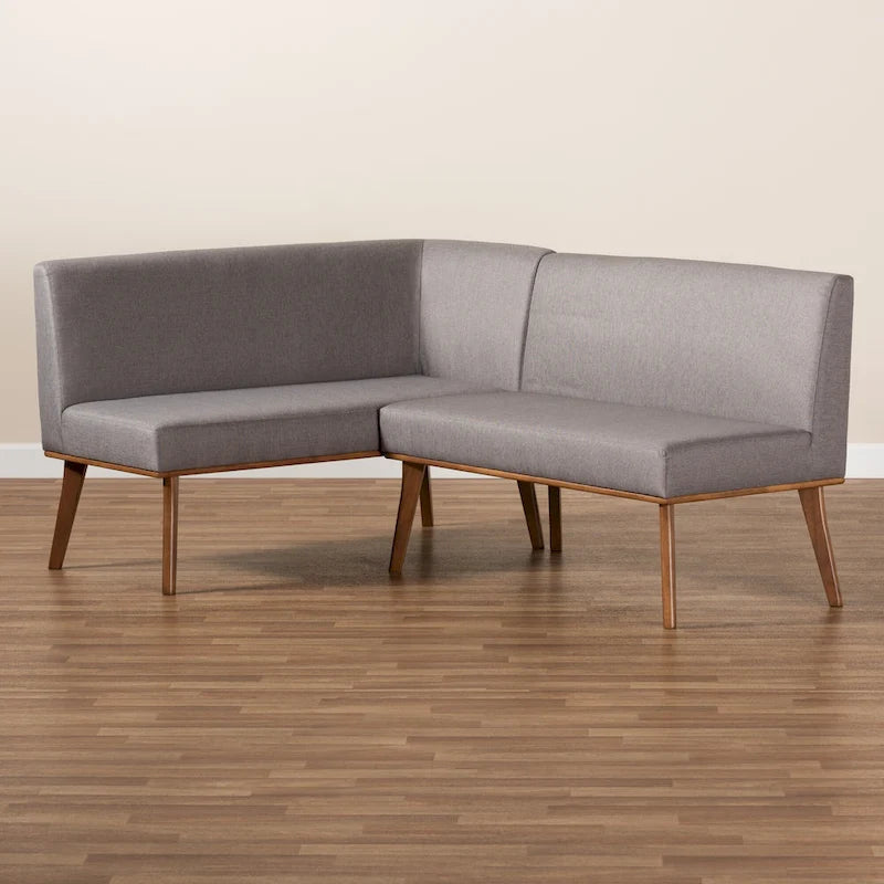 Ensemble banquette de coin salle à manger 2 pièces en L, polyester gris, pieds noyer, banc d'angle et sans accoudoirs