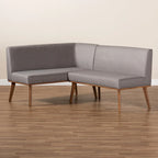 Ensemble banquette de coin salle à manger 2 pièces en L, polyester gris, pieds noyer, banc d'angle et sans accoudoirs
