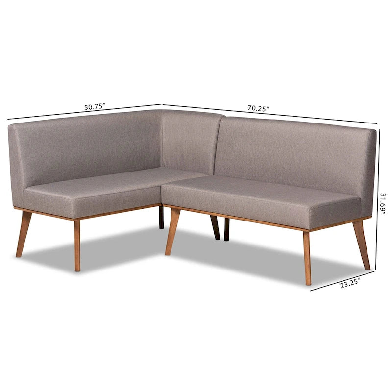 Ensemble banquette de coin salle à manger 2 pièces en L, polyester gris, pieds noyer, banc d'angle et sans accoudoirs