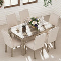 Ensemble de salle à manger 7 pièces de style ferme avec 6 chaises en lin, table rectangulaire en bois, moderne rustique