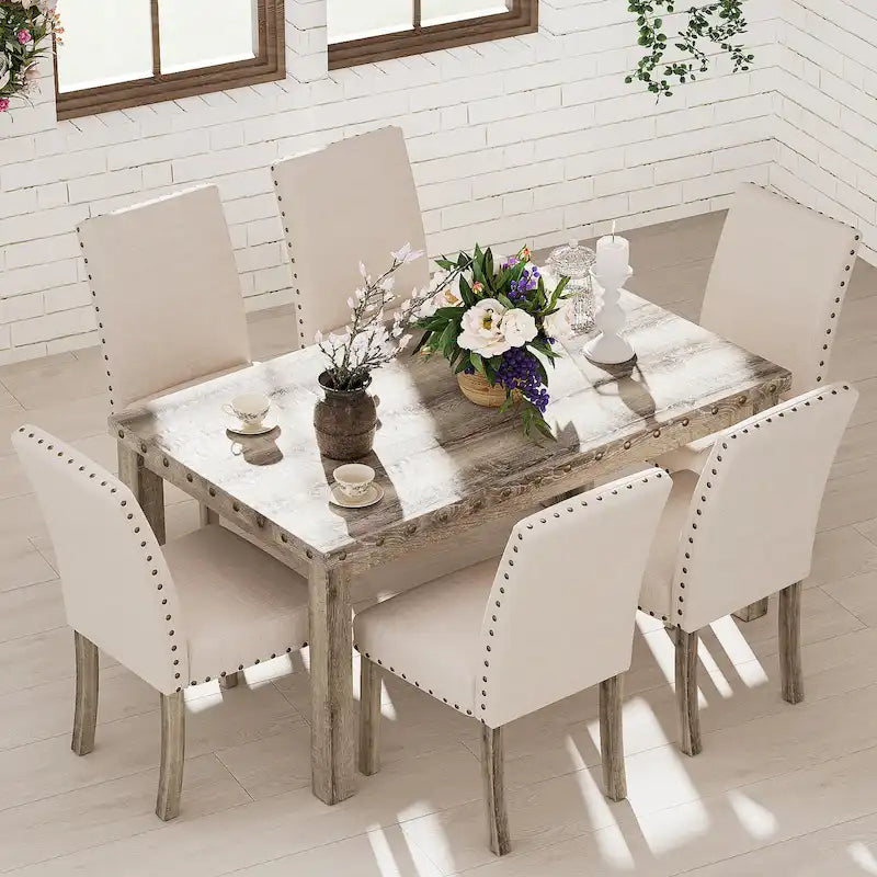 Ensemble de salle à manger 7 pièces de style ferme avec 6 chaises en lin, table rectangulaire en bois, moderne rustique