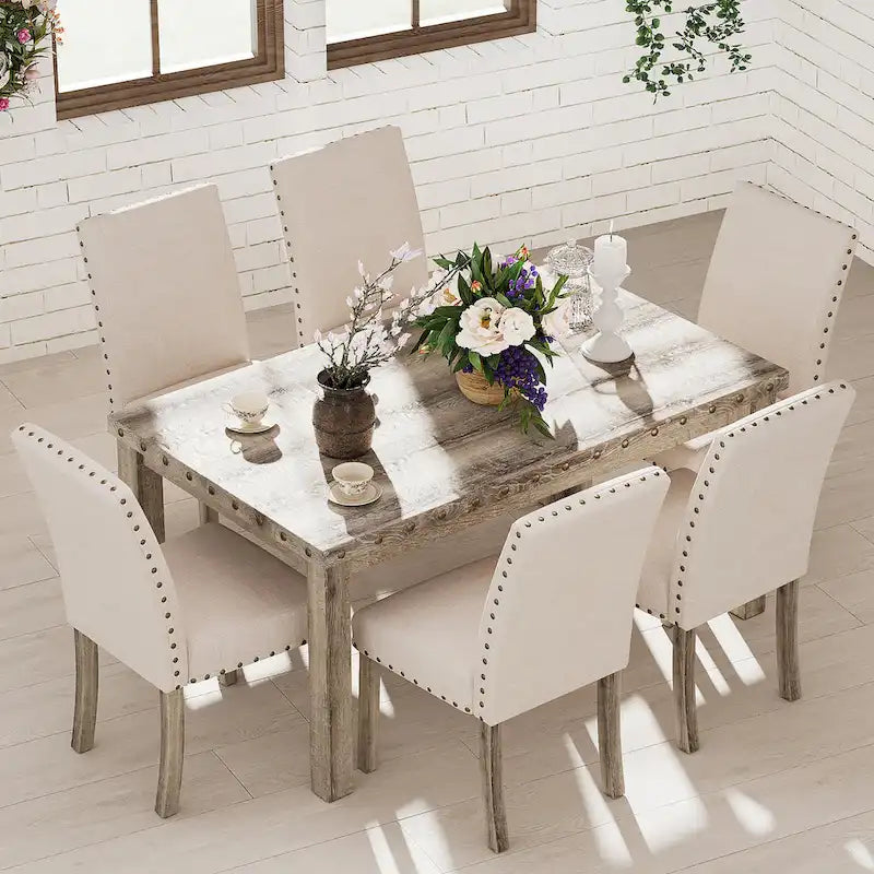 Ensemble de salle à manger 7 pièces de style ferme avec 6 chaises en lin, table rectangulaire en bois, moderne rustique