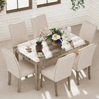 Ensemble de salle à manger 7 pièces de style ferme avec 6 chaises en lin, table rectangulaire en bois, moderne rustique
