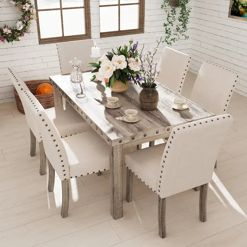 Ensemble de salle à manger 7 pièces de style ferme avec 6 chaises en lin, table rectangulaire en bois, moderne rustique