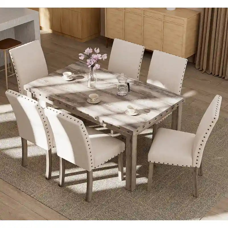 Ensemble de salle à manger 7 pièces de style ferme avec 6 chaises en lin, table rectangulaire en bois, moderne rustique