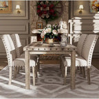 Ensemble de salle à manger 7 pièces de style ferme avec 6 chaises en lin, table rectangulaire en bois, moderne rustique