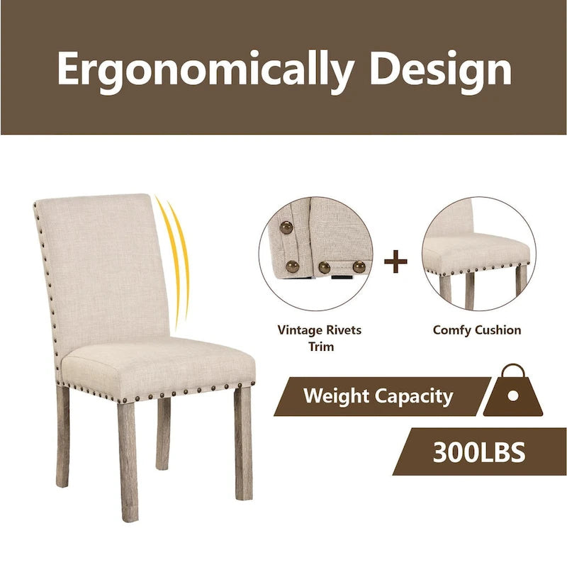 Ensemble de salle à manger 7 pièces de style ferme avec 6 chaises en lin, table rectangulaire en bois, moderne rustique