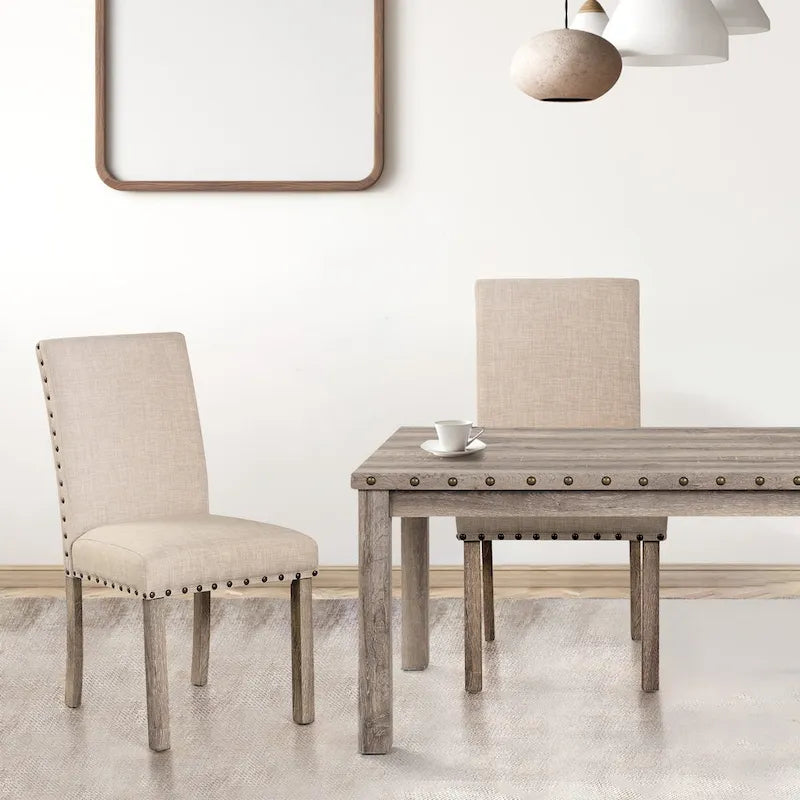 Ensemble de salle à manger 7 pièces de style ferme avec 6 chaises en lin, table rectangulaire en bois, moderne rustique
