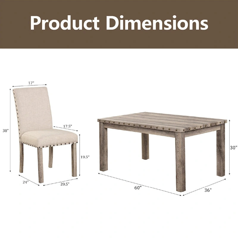 Ensemble de salle à manger 7 pièces de style ferme avec 6 chaises en lin, table rectangulaire en bois, moderne rustique