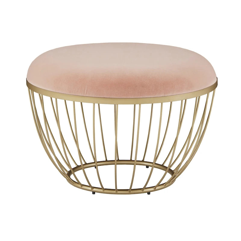 Pouf rond rembourré 71 cm de diamètre, rembourrage en mousse, base en métal thermolaqué doré, velours ou lin