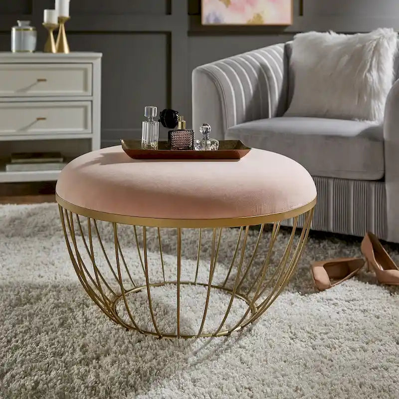 Pouf rond rembourré 71 cm de diamètre, rembourrage en mousse, base en métal thermolaqué doré, velours ou lin