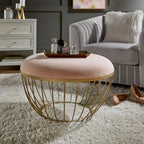 Pouf rond rembourré 71 cm de diamètre, rembourrage en mousse, base en métal thermolaqué doré, velours ou lin