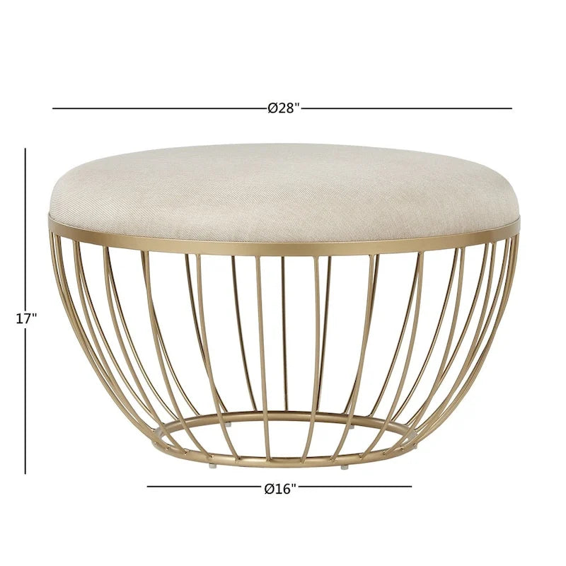 Pouf rond rembourré 71 cm de diamètre, rembourrage en mousse, base en métal thermolaqué doré, velours ou lin