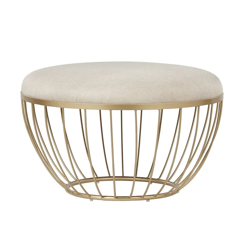 Pouf rond rembourré 71 cm de diamètre, rembourrage en mousse, base en métal thermolaqué doré, velours ou lin