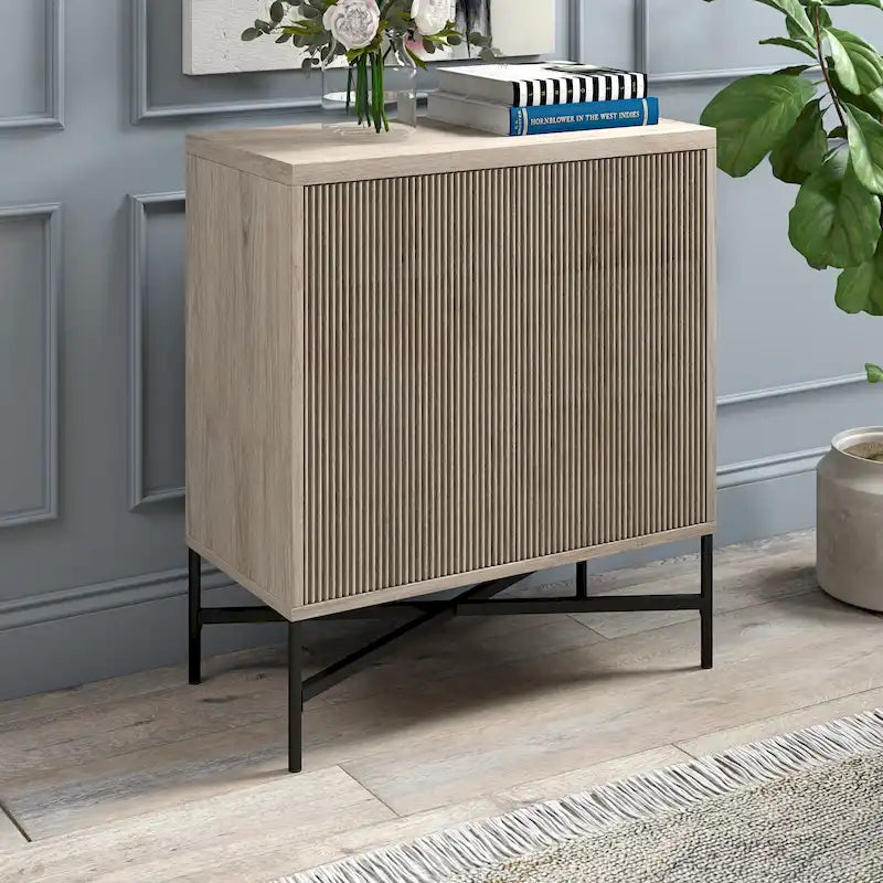 Meuble de rangement d'appoint 28" avec étagère réglable, gestion des câbles et portes en PVC, grain de bois MDF
