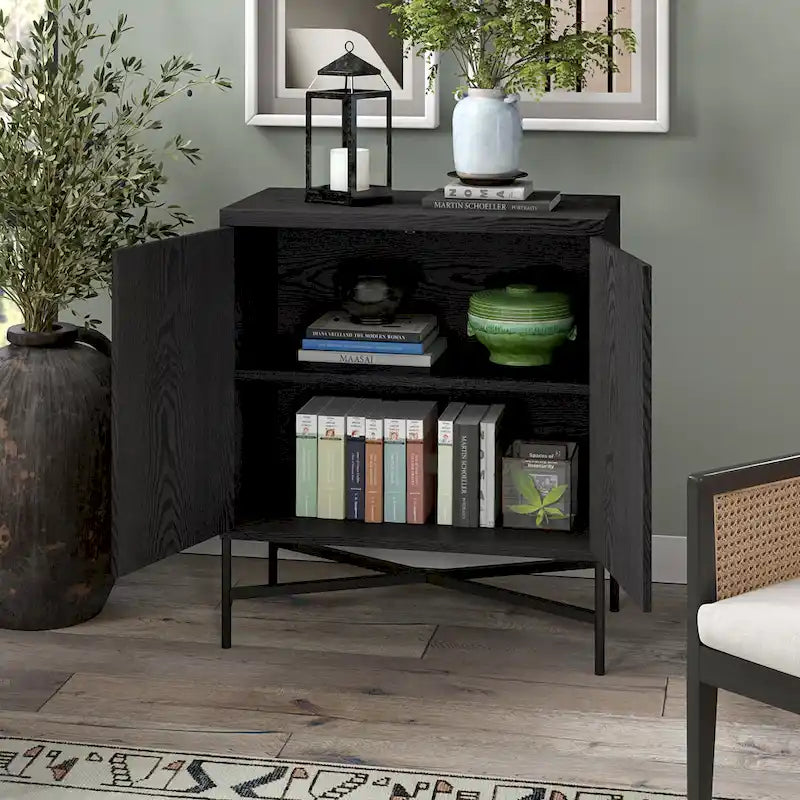 Meuble de rangement d'appoint 28" avec étagère réglable, gestion des câbles et portes en PVC, grain de bois MDF