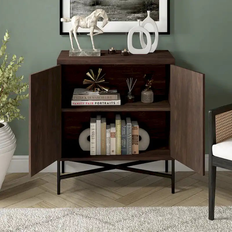 Meuble de rangement d'appoint 28" avec étagère réglable, gestion des câbles et portes en PVC, grain de bois MDF