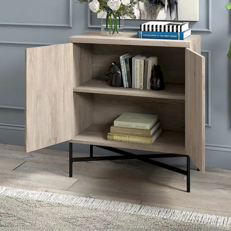 Meuble de rangement d'appoint 28" avec étagère réglable, gestion des câbles et portes en PVC, grain de bois MDF