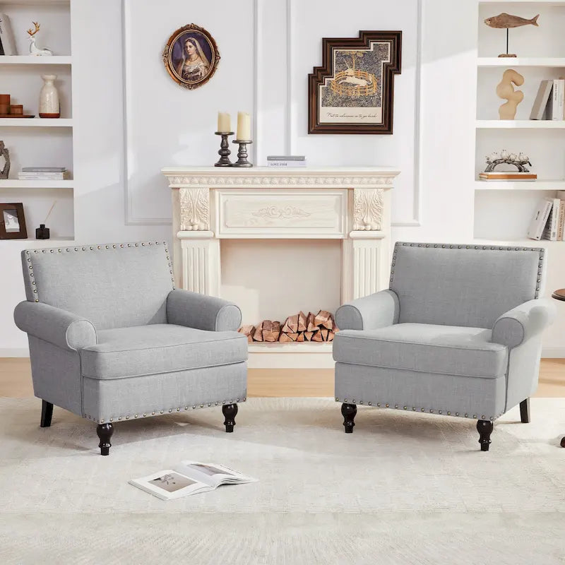 Fauteuil club avec clous décoratifs, mousse haute densité, pieds en bois massif, tissu lin, capacité de 136 kg