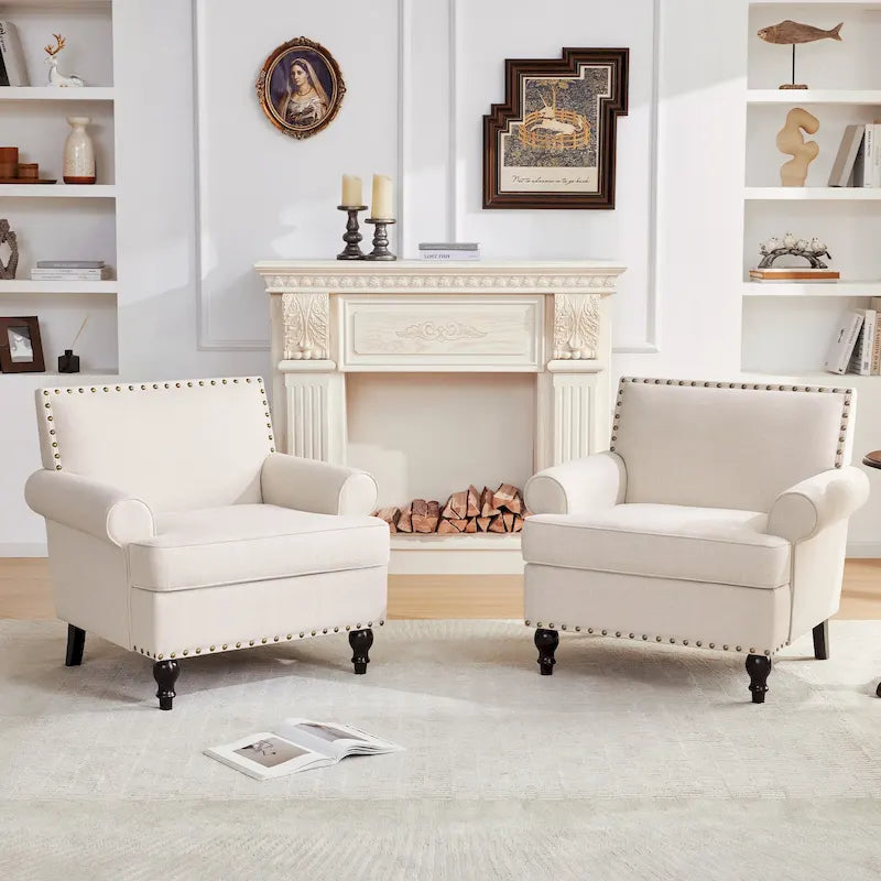 Fauteuil club avec clous décoratifs, mousse haute densité, pieds en bois massif, tissu lin, capacité de 136 kg