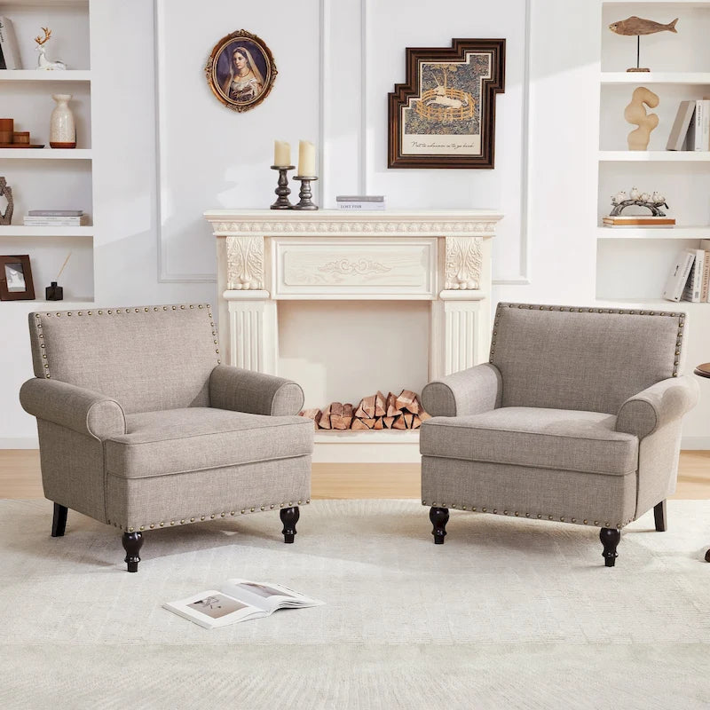 Fauteuil club avec clous décoratifs, mousse haute densité, pieds en bois massif, tissu lin, capacité de 136 kg