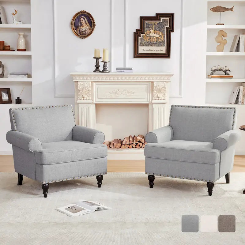 Fauteuil club avec clous décoratifs, mousse haute densité, pieds en bois massif, tissu lin, capacité de 136 kg