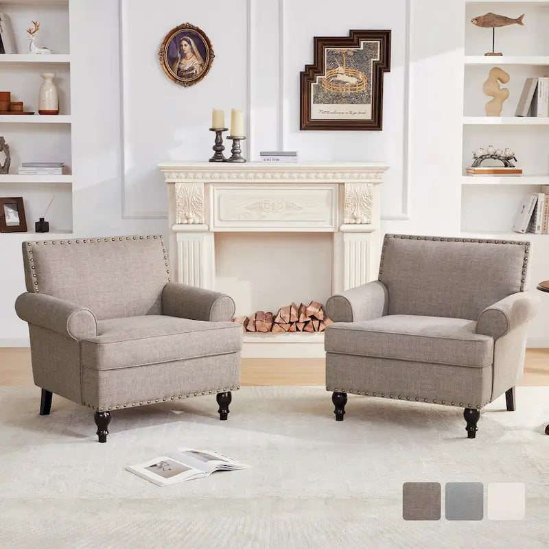 Fauteuil club avec clous décoratifs, mousse haute densité, pieds en bois massif, tissu lin, capacité de 136 kg
