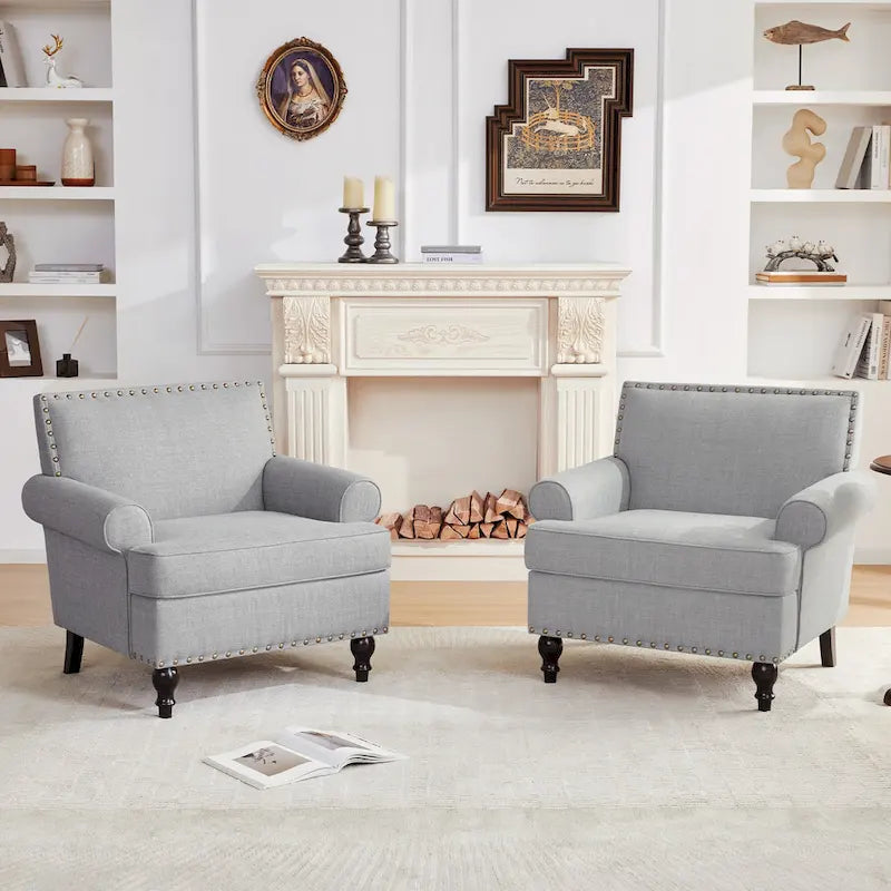 Fauteuil club avec clous décoratifs, mousse haute densité, pieds en bois massif, tissu lin, capacité de 136 kg