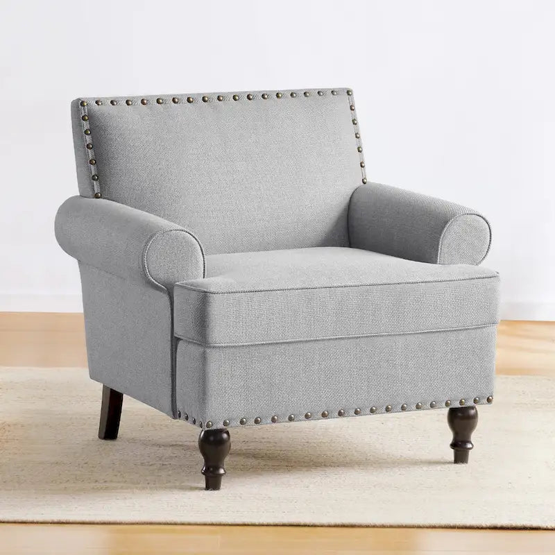 Fauteuil club avec clous décoratifs, mousse haute densité, pieds en bois massif, tissu lin, capacité de 136 kg