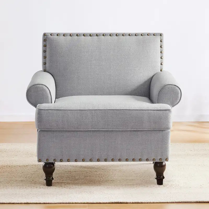 Fauteuil club avec clous décoratifs, mousse haute densité, pieds en bois massif, tissu lin, capacité de 136 kg