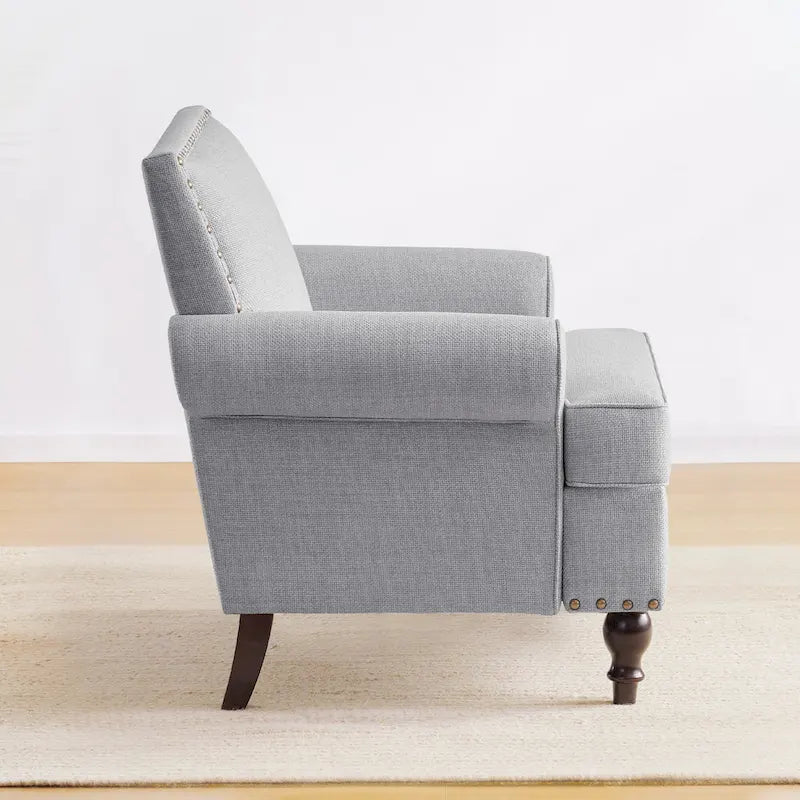 Fauteuil club avec clous décoratifs, mousse haute densité, pieds en bois massif, tissu lin, capacité de 136 kg