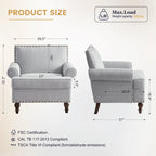 Fauteuil club avec clous décoratifs, mousse haute densité, pieds en bois massif, tissu lin, capacité de 136 kg