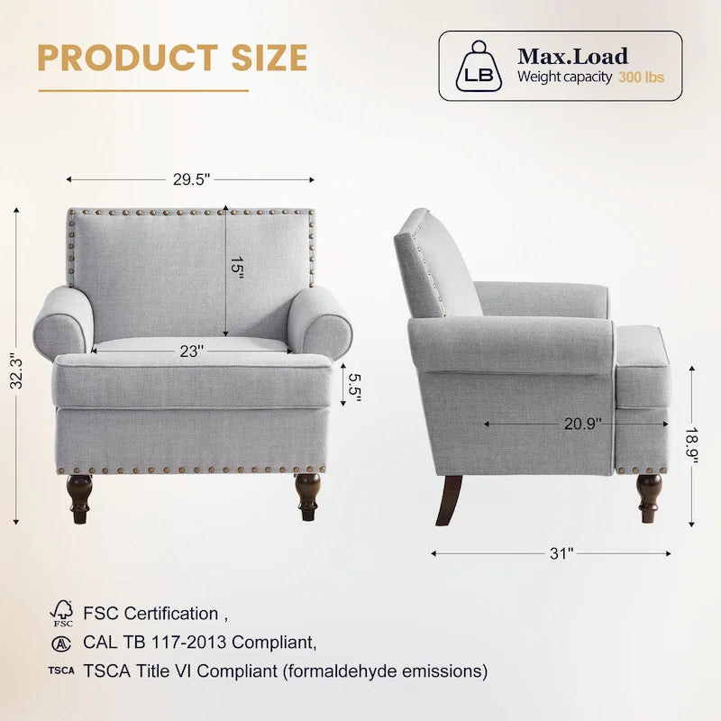 Fauteuil club avec clous décoratifs, mousse haute densité, pieds en bois massif, tissu lin, capacité de 136 kg