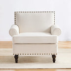 Fauteuil club avec clous décoratifs, mousse haute densité, pieds en bois massif, tissu lin, capacité de 136 kg
