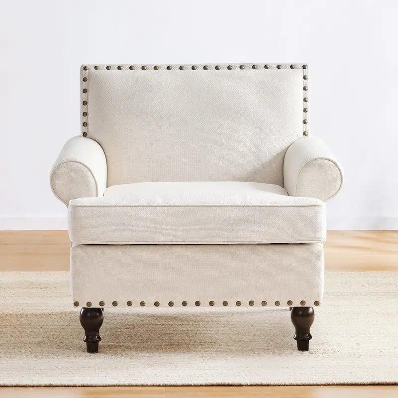 Fauteuil club avec clous décoratifs, mousse haute densité, pieds en bois massif, tissu lin, capacité de 136 kg