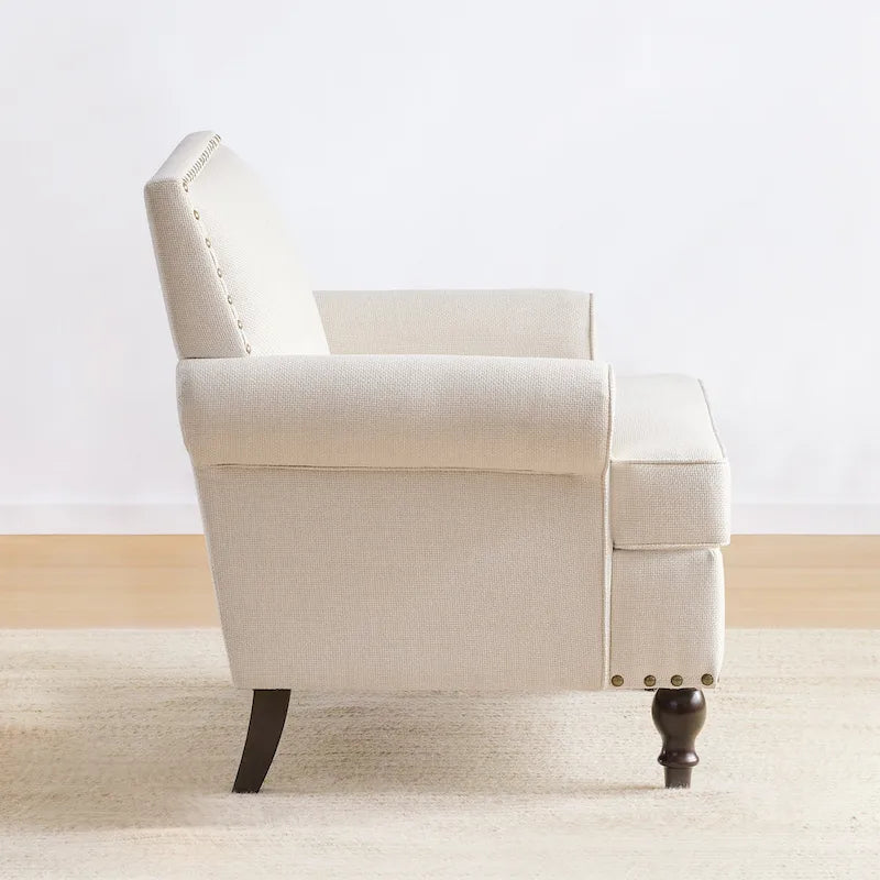 Fauteuil club avec clous décoratifs, mousse haute densité, pieds en bois massif, tissu lin, capacité de 136 kg