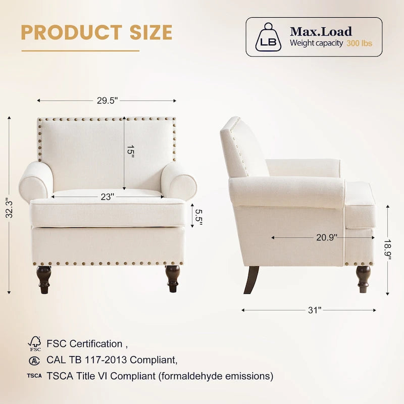 Fauteuil club avec clous décoratifs, mousse haute densité, pieds en bois massif, tissu lin, capacité de 136 kg