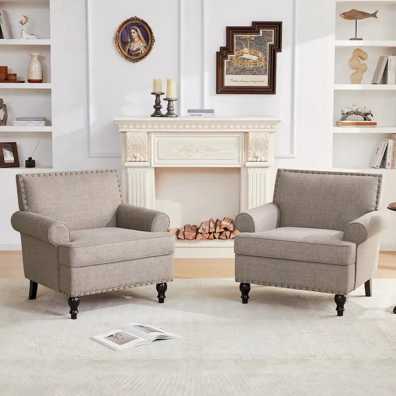 Fauteuil club avec clous décoratifs, mousse haute densité, pieds en bois massif, tissu lin, capacité de 136 kg