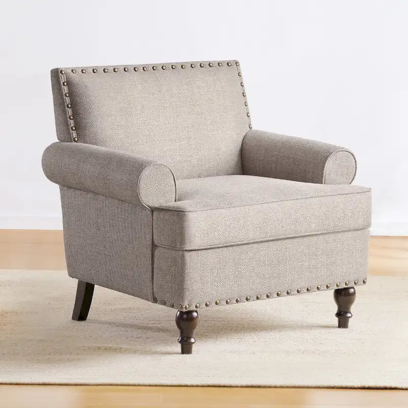 Fauteuil club avec clous décoratifs, mousse haute densité, pieds en bois massif, tissu lin, capacité de 136 kg