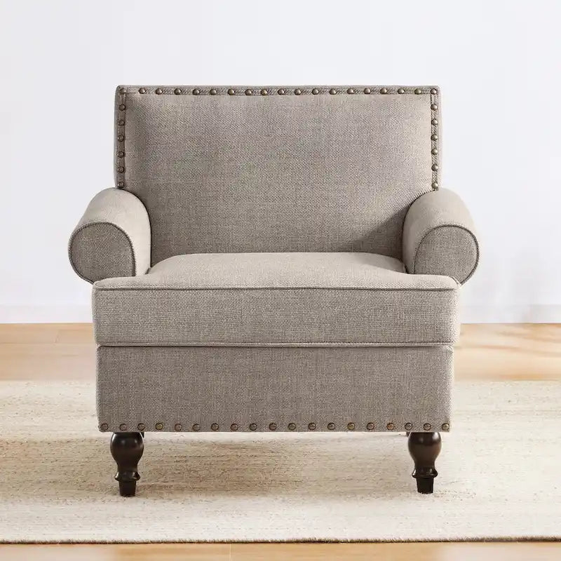 Fauteuil club avec clous décoratifs, mousse haute densité, pieds en bois massif, tissu lin, capacité de 136 kg